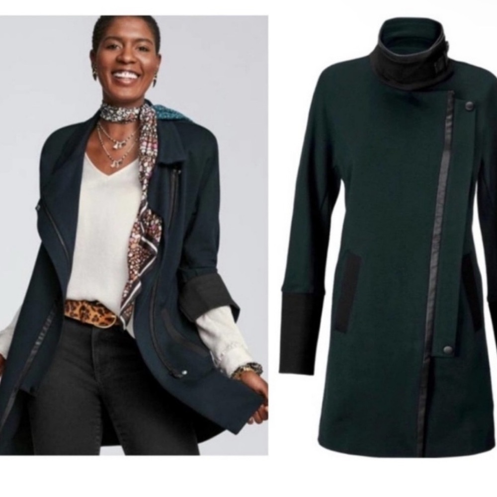 Cabi M Forest Green Asymmetrical Renaissance Coat Funnel Neck Office Casual
